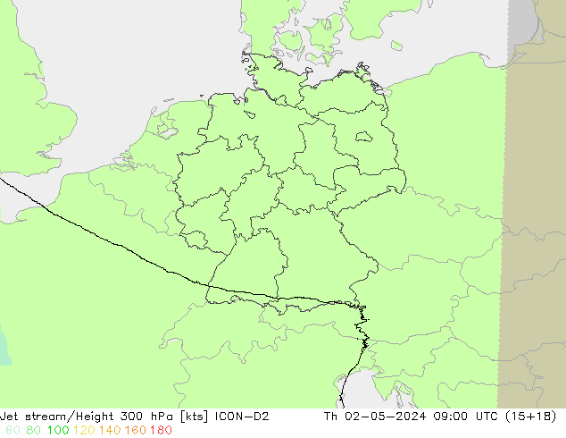 Corriente en chorro ICON-D2 jue 02.05.2024 09 UTC
