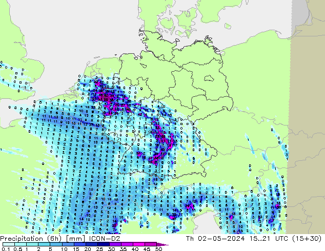 Precipitation (6h) ICON-D2 Čt 02.05.2024 21 UTC