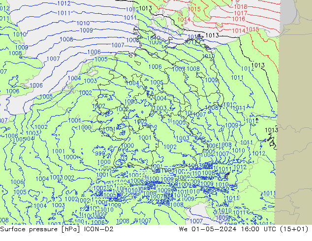 Pressione al suolo ICON-D2 mer 01.05.2024 16 UTC