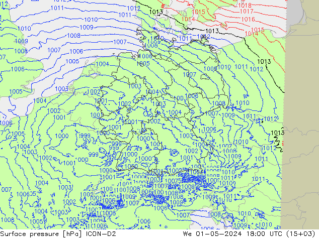 Presión superficial ICON-D2 mié 01.05.2024 18 UTC