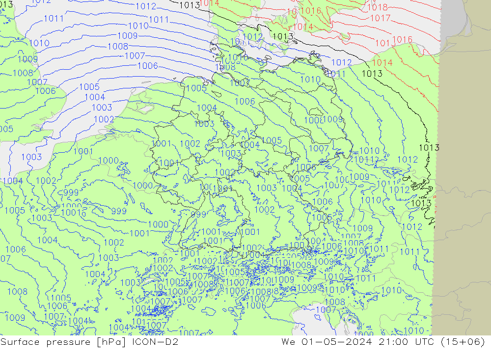 Pressione al suolo ICON-D2 mer 01.05.2024 21 UTC