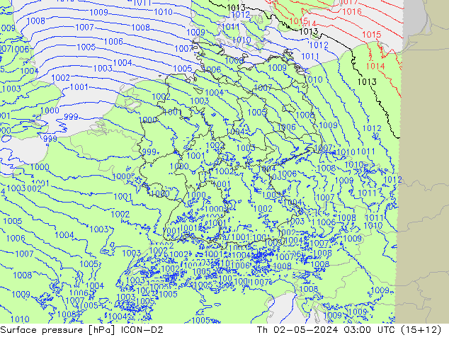 Atmosférický tlak ICON-D2 Čt 02.05.2024 03 UTC