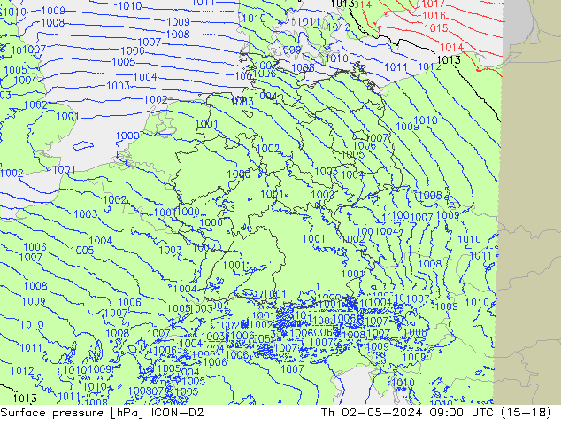 Presión superficial ICON-D2 jue 02.05.2024 09 UTC