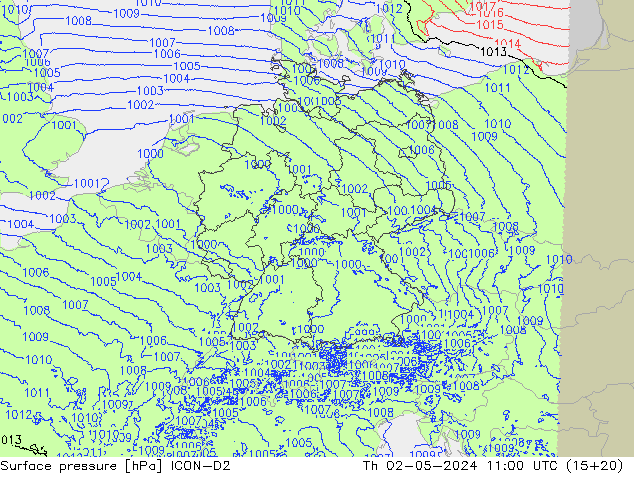 Surface pressure ICON-D2 Th 02.05.2024 11 UTC