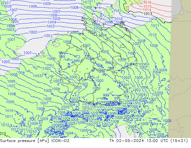 Surface pressure ICON-D2 Th 02.05.2024 12 UTC