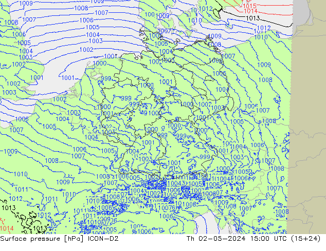 Presión superficial ICON-D2 jue 02.05.2024 15 UTC