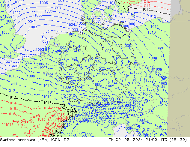 Pressione al suolo ICON-D2 gio 02.05.2024 21 UTC