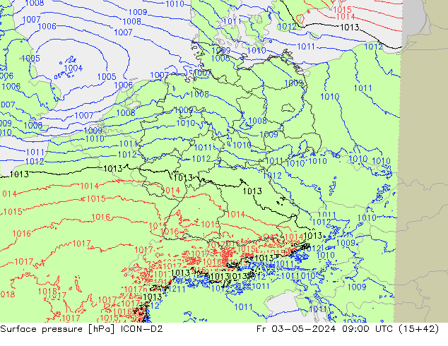 Atmosférický tlak ICON-D2 Pá 03.05.2024 09 UTC
