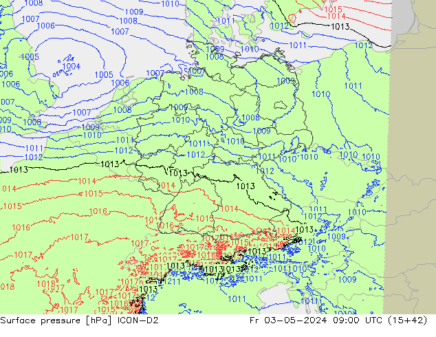 pressão do solo ICON-D2 Sex 03.05.2024 09 UTC