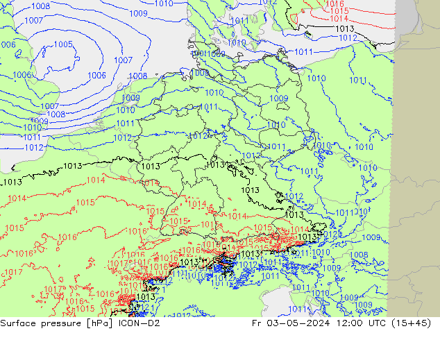 Atmosférický tlak ICON-D2 Pá 03.05.2024 12 UTC