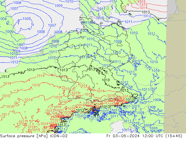 Pressione al suolo ICON-D2 ven 03.05.2024 12 UTC