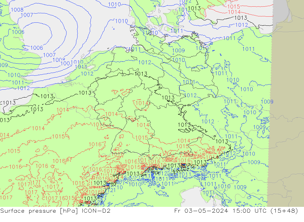 Atmosférický tlak ICON-D2 Pá 03.05.2024 15 UTC