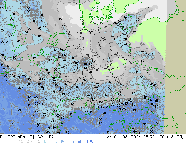 RH 700 hPa ICON-D2 We 01.05.2024 18 UTC