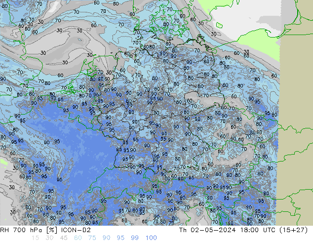 Humidité rel. 700 hPa ICON-D2 jeu 02.05.2024 18 UTC
