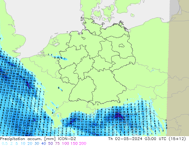 Precipitation accum. ICON-D2 Qui 02.05.2024 03 UTC