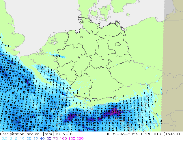 Précipitation accum. ICON-D2 jeu 02.05.2024 11 UTC