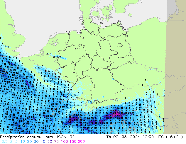 Precipitation accum. ICON-D2 Th 02.05.2024 12 UTC