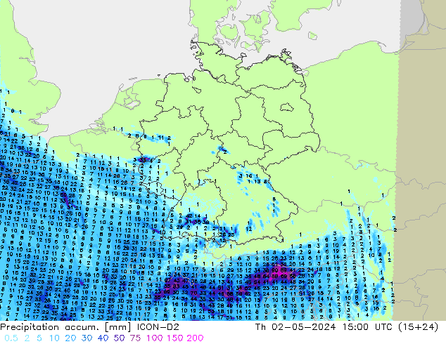 Precipitation accum. ICON-D2 Th 02.05.2024 15 UTC