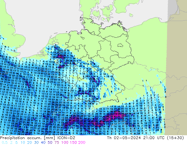 Precipitation accum. ICON-D2 gio 02.05.2024 21 UTC