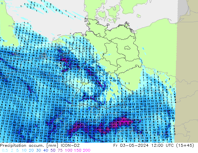 Precipitation accum. ICON-D2 Fr 03.05.2024 12 UTC