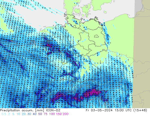 Precipitation accum. ICON-D2 Fr 03.05.2024 15 UTC