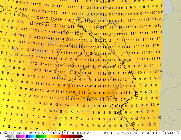 Height/Temp. 850 hPa ICON-D2 Mi 01.05.2024 16 UTC