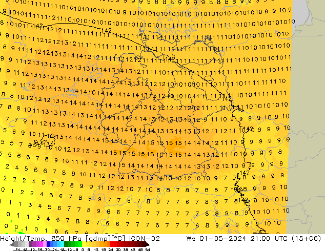 Height/Temp. 850 hPa ICON-D2 Qua 01.05.2024 21 UTC