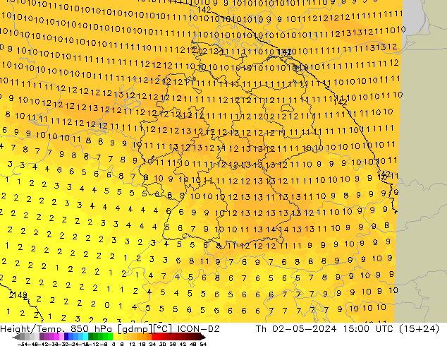 Height/Temp. 850 hPa ICON-D2 gio 02.05.2024 15 UTC