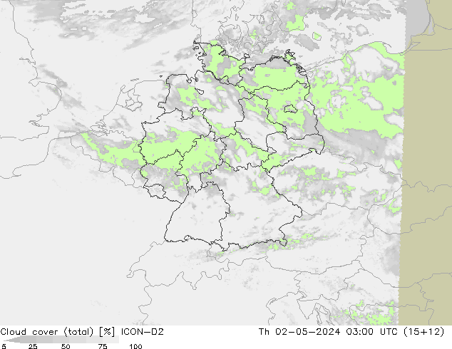 Cloud cover (total) ICON-D2 Th 02.05.2024 03 UTC