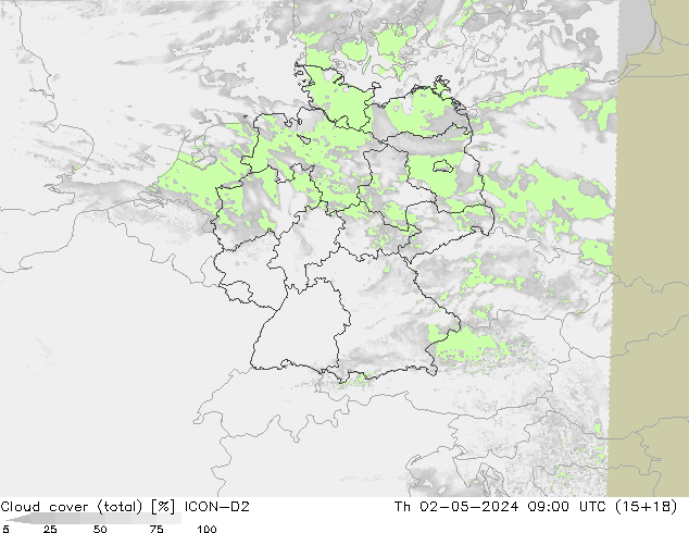 Cloud cover (total) ICON-D2 Th 02.05.2024 09 UTC