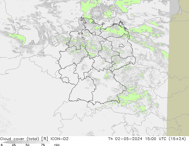 Cloud cover (total) ICON-D2 Th 02.05.2024 15 UTC