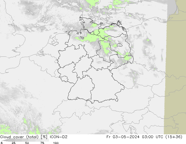 Cloud cover (total) ICON-D2 Fr 03.05.2024 03 UTC