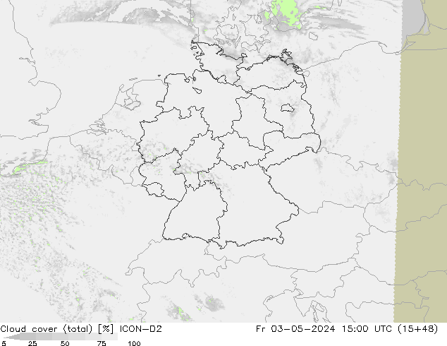 Cloud cover (total) ICON-D2 Pá 03.05.2024 15 UTC