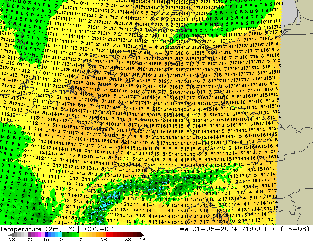 Temperatura (2m) ICON-D2 mié 01.05.2024 21 UTC