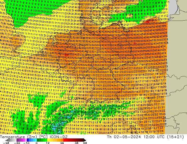 Temperatura (2m) ICON-D2 gio 02.05.2024 12 UTC