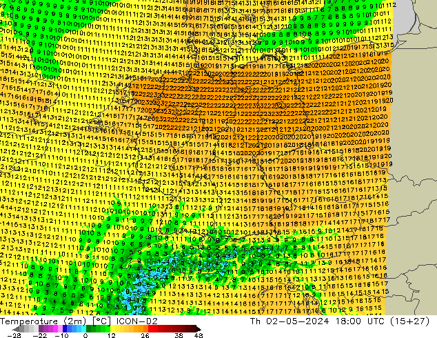 Temperature (2m) ICON-D2 Th 02.05.2024 18 UTC