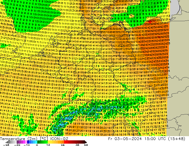 Temperatura (2m) ICON-D2 vie 03.05.2024 15 UTC