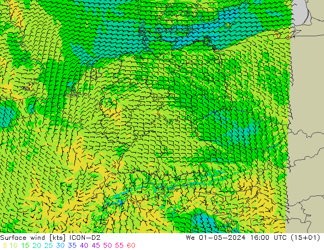 Surface wind ICON-D2 We 01.05.2024 16 UTC