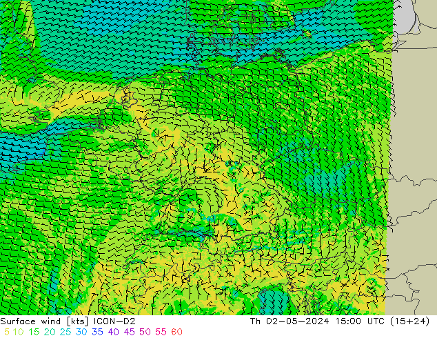 Surface wind ICON-D2 Th 02.05.2024 15 UTC