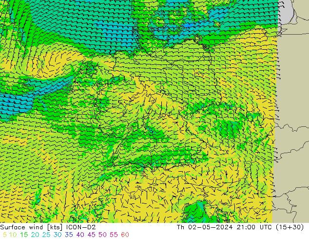 Surface wind ICON-D2 Th 02.05.2024 21 UTC