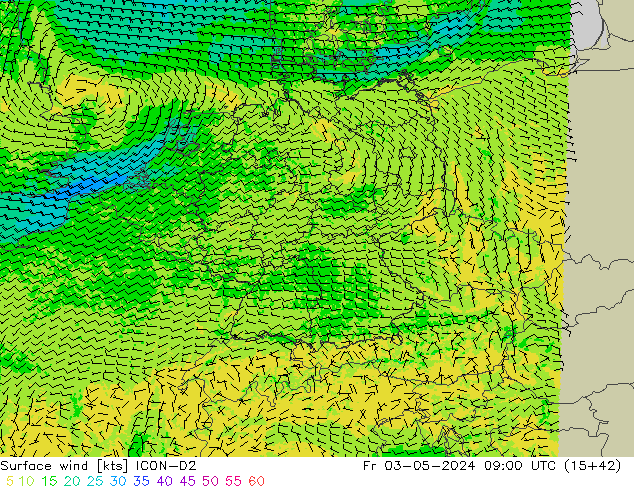 Surface wind ICON-D2 Fr 03.05.2024 09 UTC