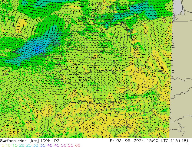 Surface wind ICON-D2 Pá 03.05.2024 15 UTC