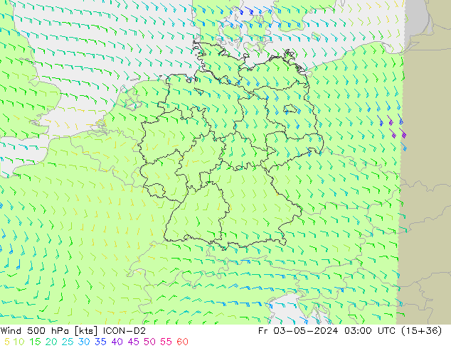 Vento 500 hPa ICON-D2 ven 03.05.2024 03 UTC