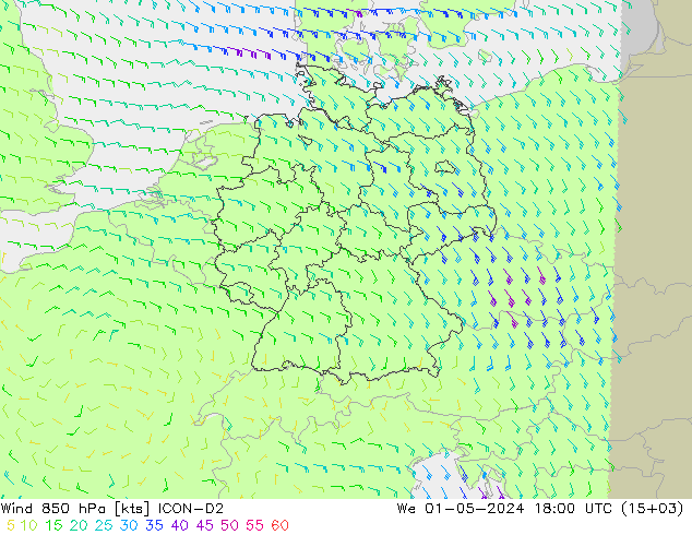 Vent 850 hPa ICON-D2 mer 01.05.2024 18 UTC