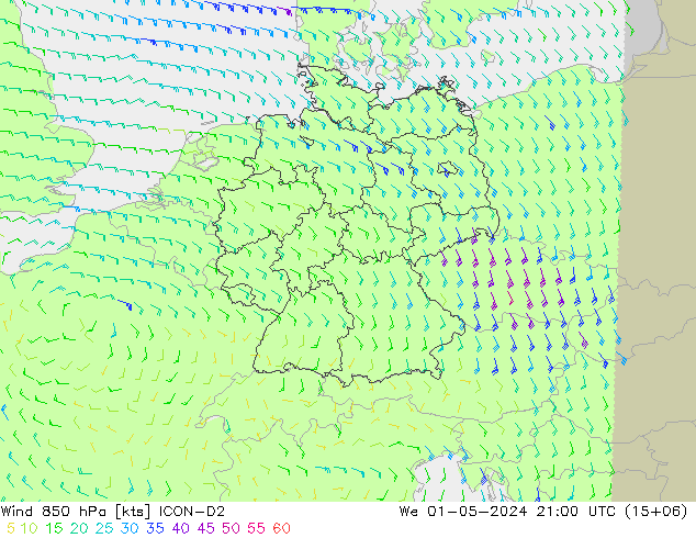 Vent 850 hPa ICON-D2 mer 01.05.2024 21 UTC