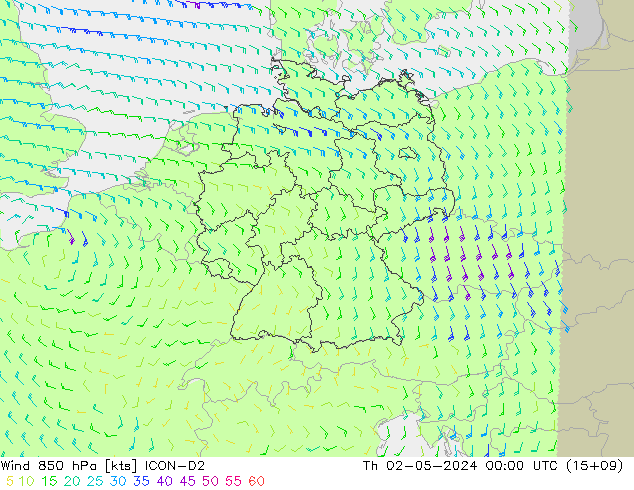 Wind 850 hPa ICON-D2 Th 02.05.2024 00 UTC