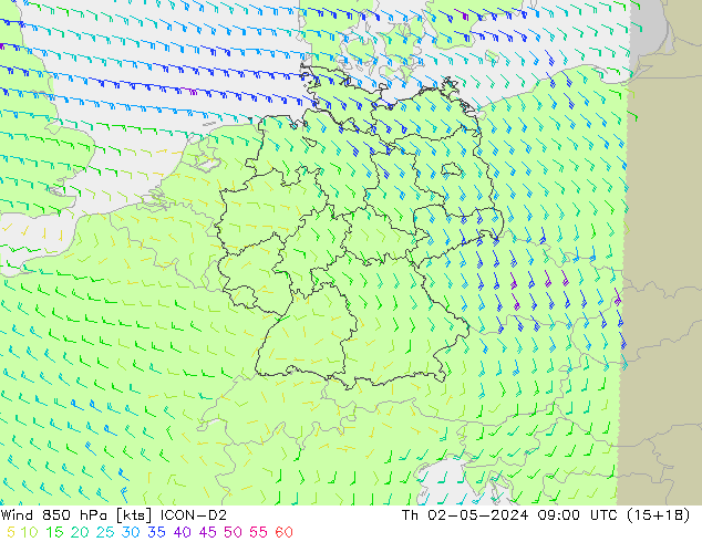 Wind 850 hPa ICON-D2 Th 02.05.2024 09 UTC