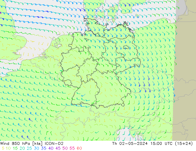 Wind 850 hPa ICON-D2 Th 02.05.2024 15 UTC