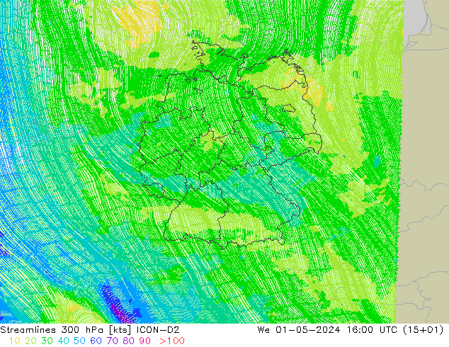 Stroomlijn 300 hPa ICON-D2 wo 01.05.2024 16 UTC