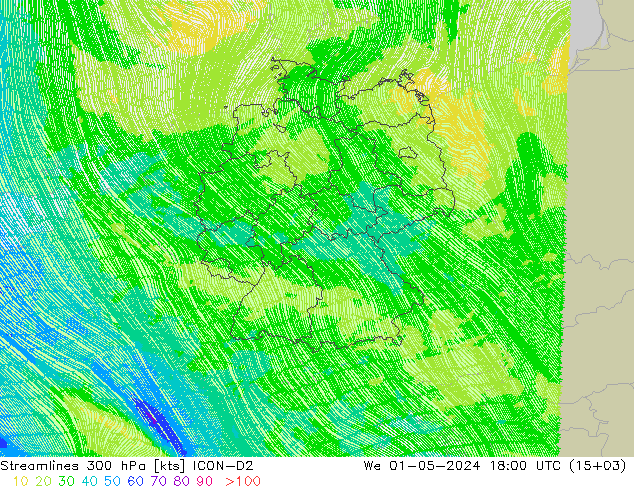 Linha de corrente 300 hPa ICON-D2 Qua 01.05.2024 18 UTC